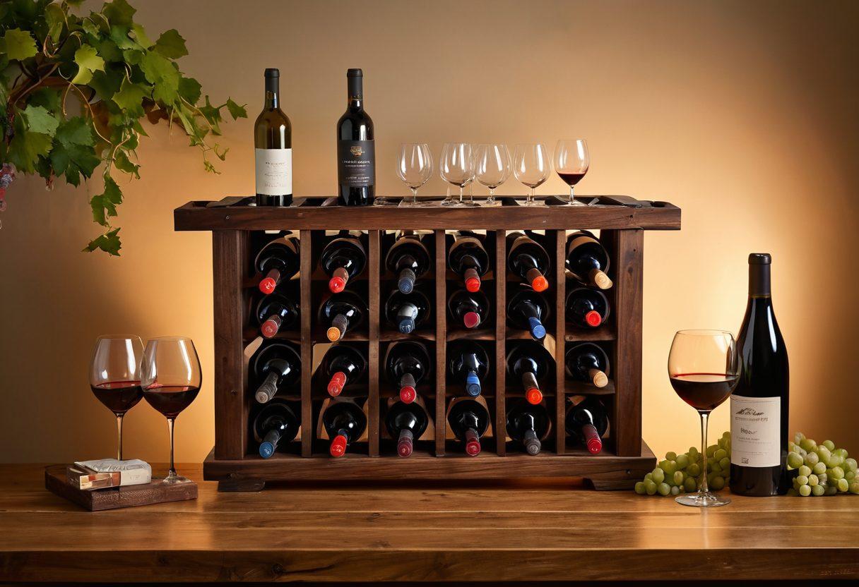 A beautifully styled wooden wine rack filled with a variety of wine bottles, each uniquely labeled. In the foreground, a crystal wine glass with a full-bodied red wine, capturing the light beautifully. Surrounding the wine rack are lush grapevines and wine tasting notes resting on a rustic table, evoking an air of sophistication and exploration. Soft, warm lighting enhances the intimate atmosphere. super-realistic. vibrant colors. elegant ambiance.