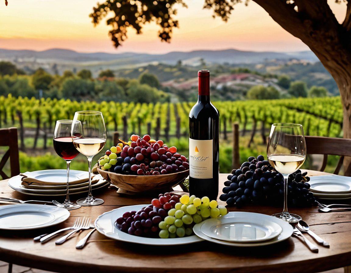 A beautifully arranged dinner table featuring an array of gourmet dishes paired with exquisite wine bottles, elegant glasses filled with red and white wines, and clusters of grapes. Soft candlelight casts a warm glow over the scene, enhancing the inviting atmosphere. Include rustic wooden elements and lush vineyard scenery in the background. The essence of indulgence and joy in wine tasting is captured. super-realistic. vibrant colors. warm tones.