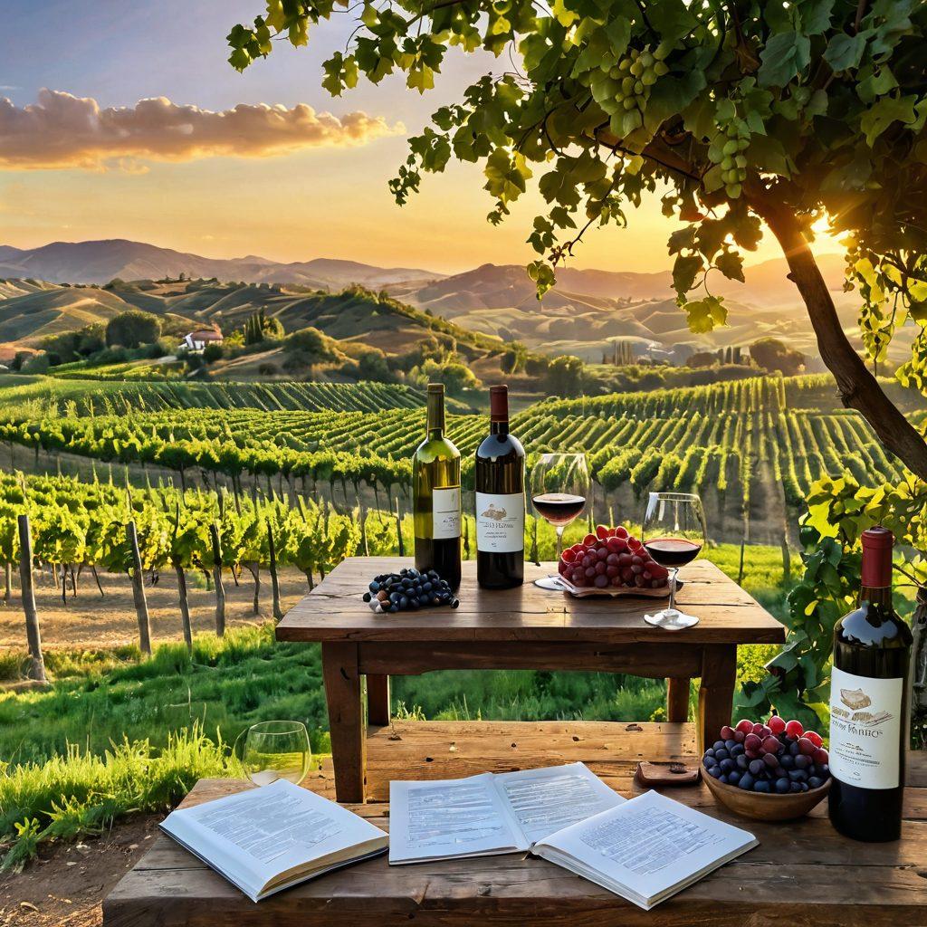 A breathtaking vineyard landscape at sunset, showcasing rolling hills covered in lush grapevines, with clusters of grapes glistening in the golden light. A rustic wooden tasting table set with elegant wine glasses filled with rich red and white wines, surrounded by a backdrop of vibrant green foliage and a serene sky. Include subtle details like a wine bottle and an open notebook for tasting notes. super-realistic. vibrant colors. idyllic atmosphere.